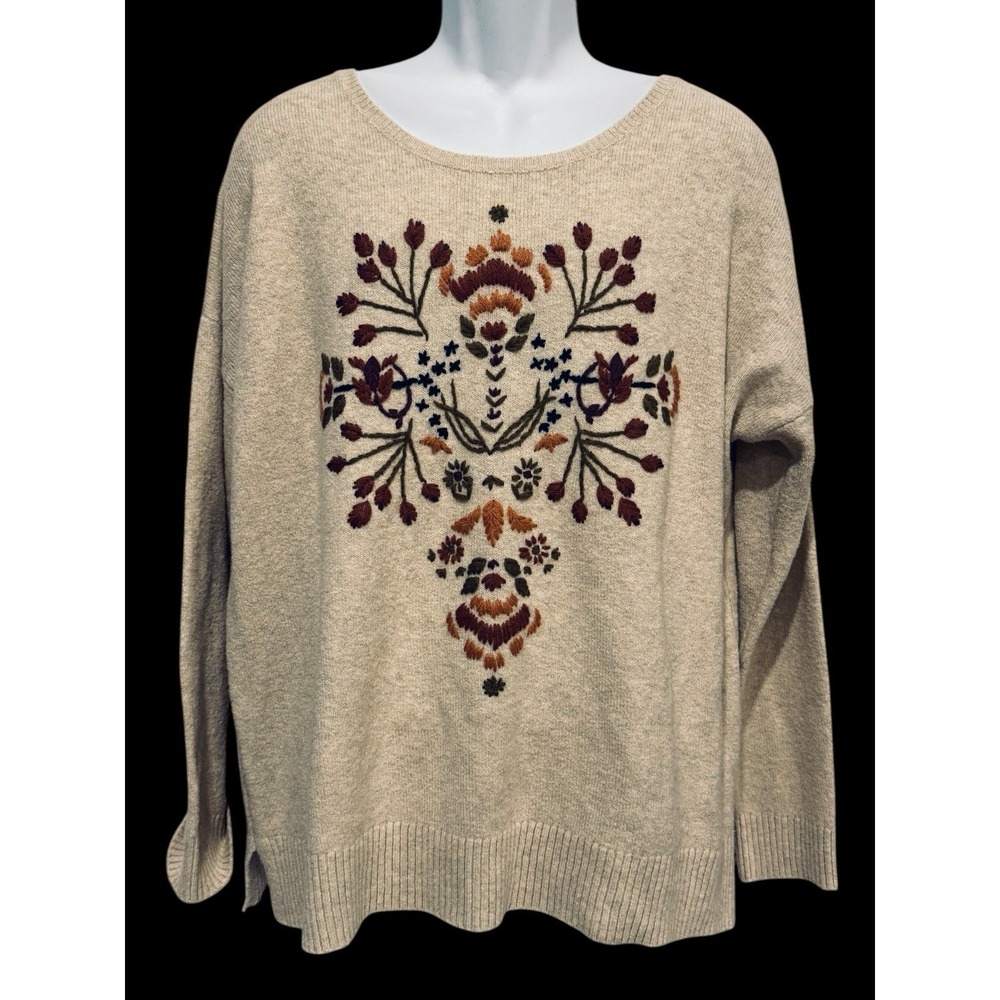 Sweater Women Knit XL Beige Cream Crewel Embroidered Floral Cottage Core Boho OS